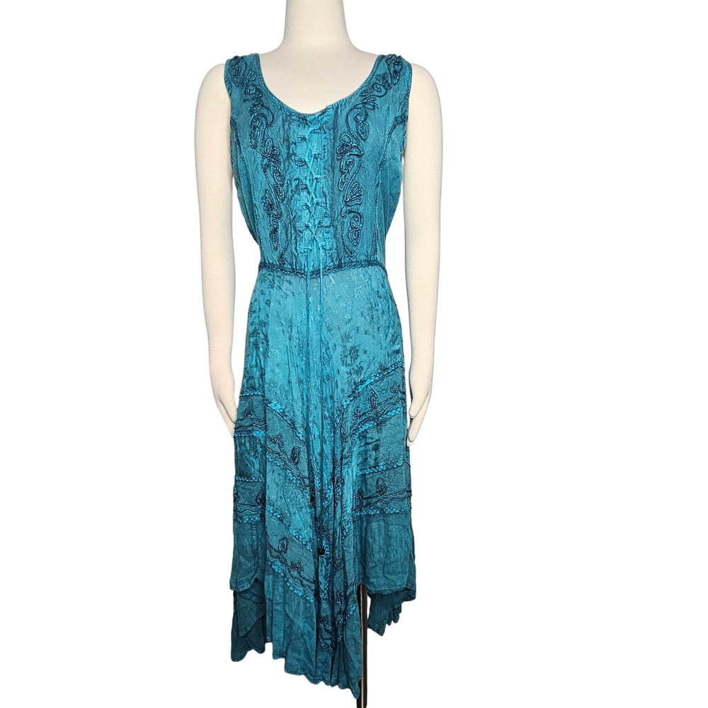 Double Decker Teal Embroidered Boho Handkerchief Hem Midi Dress Fairy